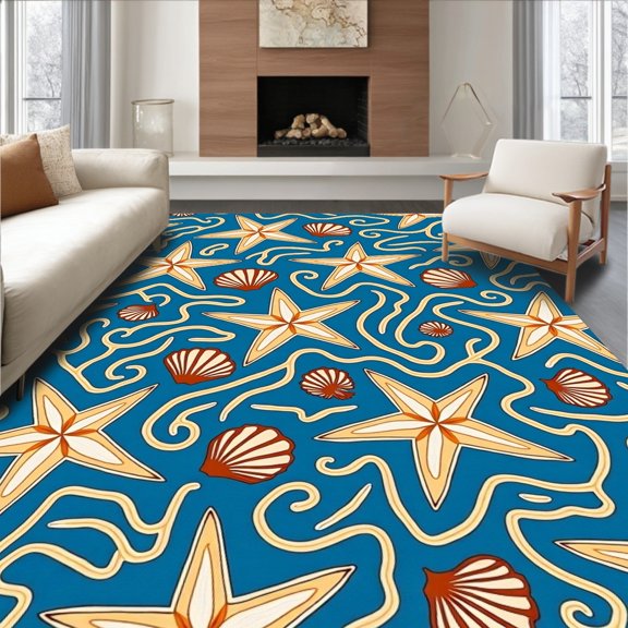 ODIKA 4'x6' Machine Washable Non-Slip Area Rug, Oceanic Motifs with Nautical Shell Accents Design High Traffic Rug, Blue, 618802