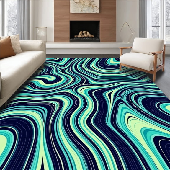 ODIKA 4x6 Machine Washable Non-Slip Area Rug, Oceanic Wave Abstract Swirl Waterfall Cascade Splash Ripple High Traffic Rug, Blue, 489601