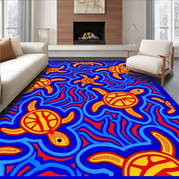 ODIKA 4'x6' Machine Washable Non-Slip Area Rug, Oceanic Wildlife With Interlocking Sea Creatures And Tiger Stripes High Traffic Rug, Blue, 680717