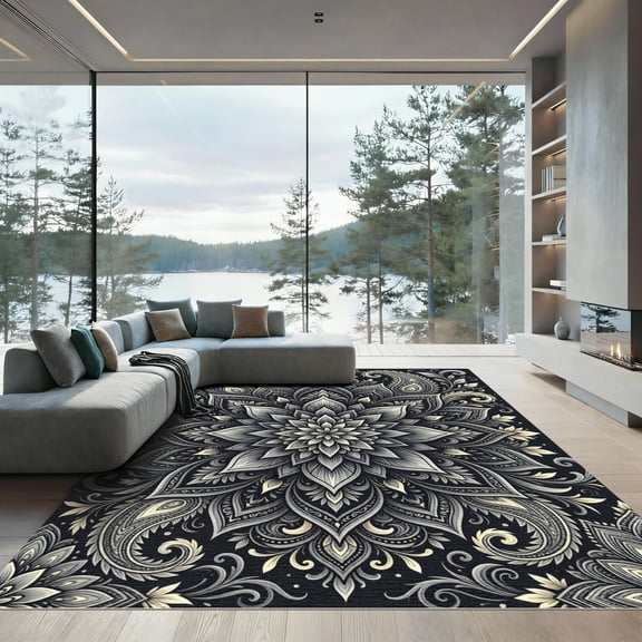 ODIKA 4'x6' Machine Washable Non-Slip Area Rug, Oriental Black High Traffic Rug, Black, 1187383