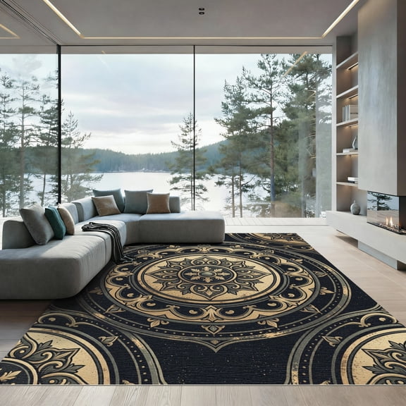 ODIKA 4'x6' Machine Washable Non-Slip Area Rug, Oriental Black High Traffic Rug, Black, 1236252