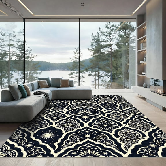 ODIKA 4'x6' Machine Washable Non-Slip Area Rug, Oriental Black High Traffic Rug, Black, 945611