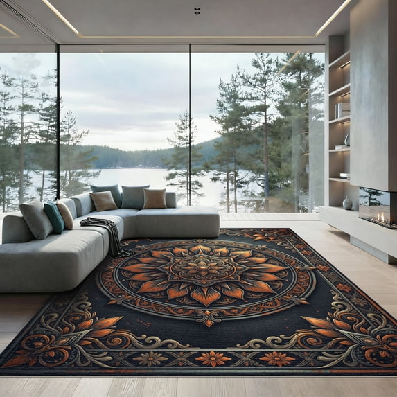 ODIKA 4'x6' Machine Washable Non-Slip Area Rug, Oriental Burnt Orange High Traffic Rug, Grey, 1253581