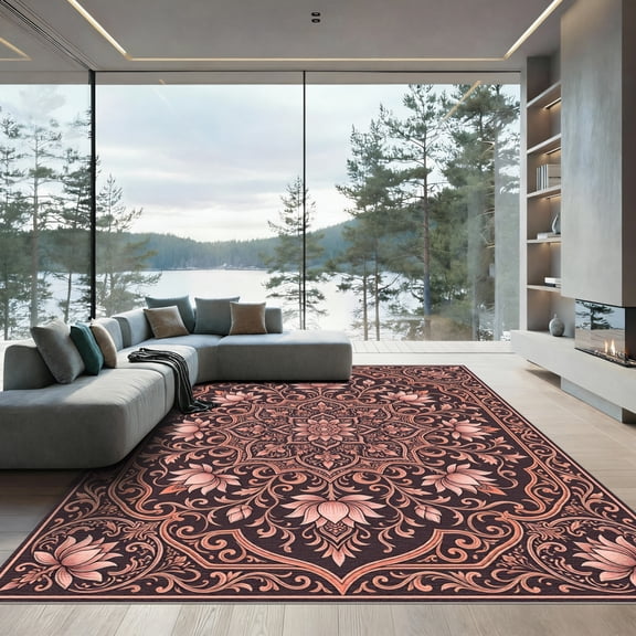 ODIKA 4'x6' Machine Washable Non-Slip Area Rug, Oriental Burnt Orange High Traffic Rug, Orange, 1017559