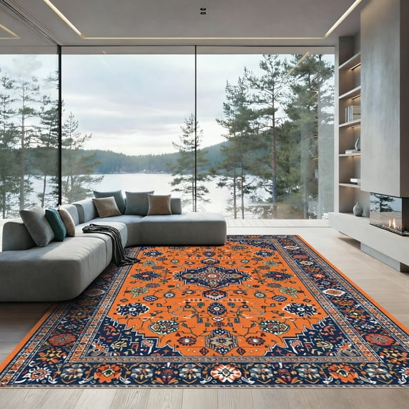 ODIKA 4'x6' Machine Washable Non-Slip Area Rug, Oriental Burnt Orange High Traffic Rug, Orange, 1034696