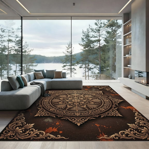 ODIKA 4'x6' Machine Washable Non-Slip Area Rug, Oriental Dark Brown High Traffic Rug, Brown, 959044