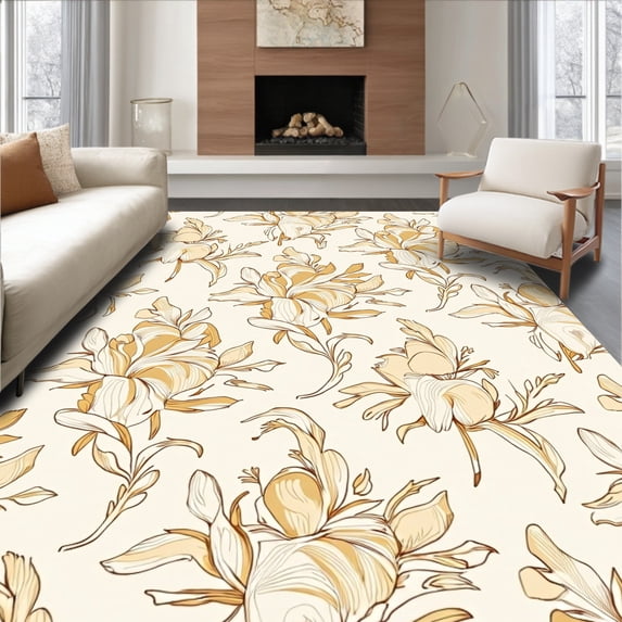 ODIKA 4'x6' Machine Washable Non-Slip Area Rug, Oriental Floral Non Skid Backing High Traffic Rug, Beige, 466297