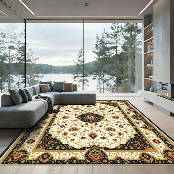 ODIKA 4'x6' Machine Washable Non-Slip Area Rug, Oriental Ivory High Traffic Rug with Pad, Ivory, 1041711
