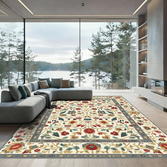 ODIKA 4'x6' Machine Washable Non-Slip Area Rug, Oriental Ivory High Traffic Rug with Pad, Ivory, 1052732