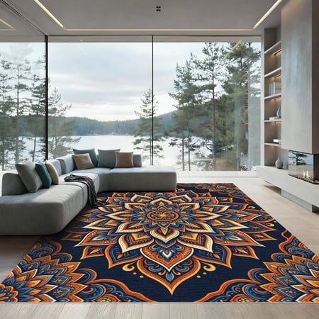 ODIKA 4'x6' Machine Washable Non-Slip Area Rug, Oriental Navy Blue High Traffic Rug, Blue, 1017693