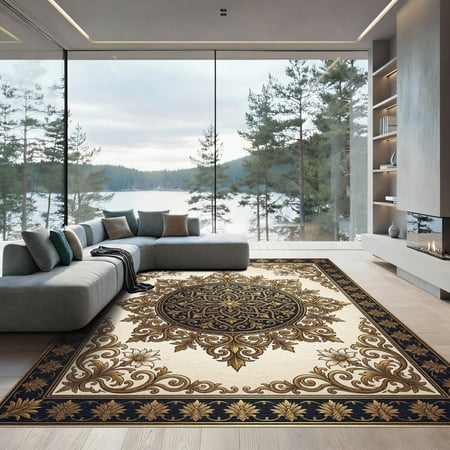 ODIKA 4'x6' Machine Washable Non-Slip Area Rug, Oriental Navy Blue High Traffic Rug, Ivory, 1017135