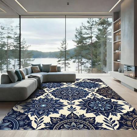 ODIKA 4'x6' Machine Washable Non-Slip Area Rug, Oriental Navy High Traffic Rug, Blue, 937758