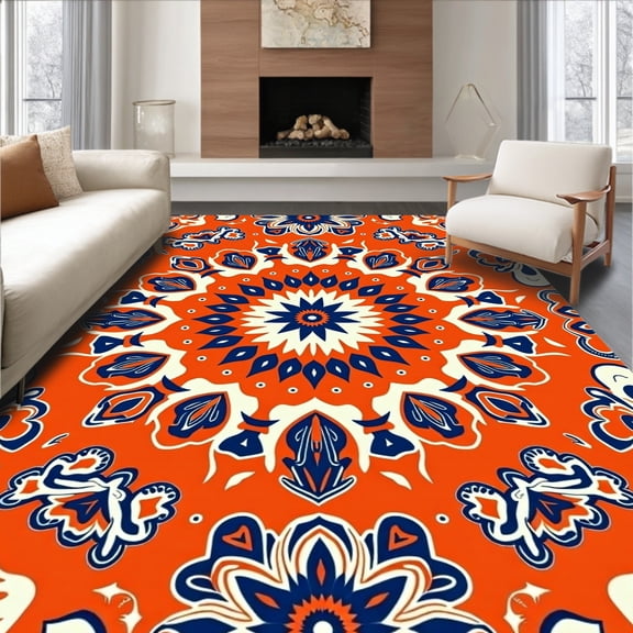 ODIKA 4'x6' Machine Washable Non-Slip Area Rug, Ornamental Kaleidoscope with Radiating Petal Clusters and Dots High Traffic Rug, Orange, 715849