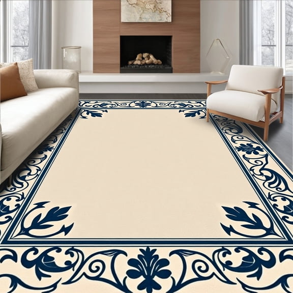 ODIKA 4'x6' Machine Washable Non-Slip Area Rug, Ornamental Scroll Featuring Distressed Fleur Motifs High Traffic Rug, Beige, 663967