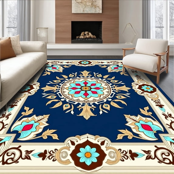 ODIKA 4'x6' Machine Washable Non-Slip Area Rug, Ornate Damask Bloomscape with Baroque Flourish Details High Traffic Rug, Blue, 564022