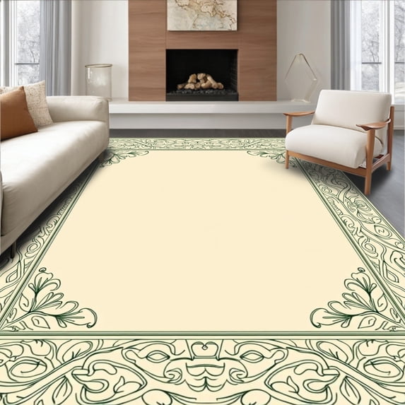 ODIKA 4'x6' Machine Washable Non-Slip Area Rug, Ornate Garden Trellis with Elegant Petal Filigree Accents High Traffic Rug, Ivory, 525456