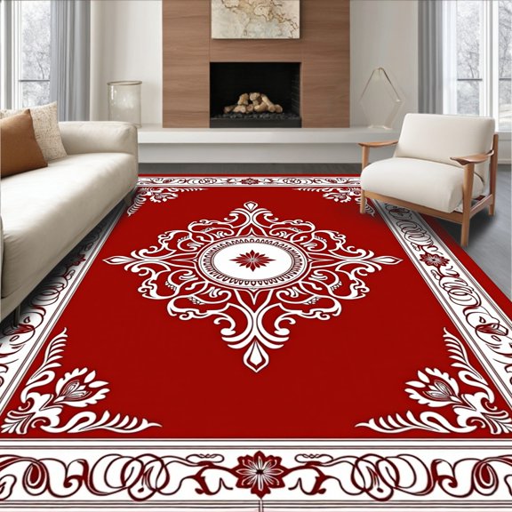 ODIKA 4'x6' Machine Washable Non-Slip Area Rug, Ornate Medallion Palace with Intricate Border Scrollwork High Traffic Rug, Red, 665749