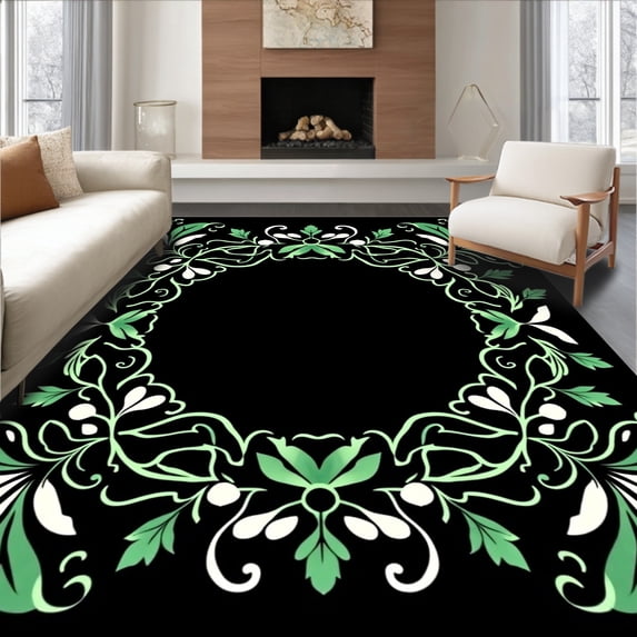ODIKA 4'x6' Machine Washable Non-Slip Area Rug, Ornate Mistletoe Branch Seasonal Decorative Duo High Traffic Rug, Black, 623645