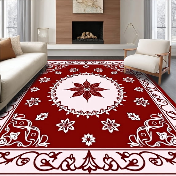 ODIKA 4'x6' Machine Washable Non-Slip Area Rug, Ornate Poinsettia Medallion with Flourishing Scroll Motifs High Traffic Rug with Pad, Red, 665772