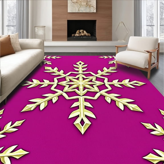 ODIKA 4'x6' Machine Washable Non-Slip Area Rug, Ornate Snowflake Medallion Tree Skirt with Sequined Starburst Motifs High Traffic Rug, Gold, 625215