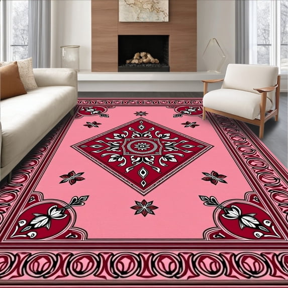 ODIKA 4'x6' Machine Washable Non-Slip Area Rug, Paisley Scroll Motif with Interlocking Framework High Traffic Rug with Pad, Pink, 666038