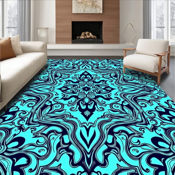 ODIKA 4'x6' Machine Washable Non-Slip Area Rug, Paisley Swirl Design with Bohemian Scrollwork & Faded Vintage Appeal High Traffic Rug, Blue, 662699