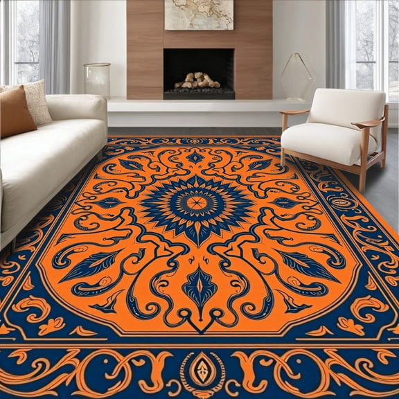 ODIKA 4'x6' Machine Washable Non-Slip Area Rug, Paisley Swirl Entry Monogrammed Corporate Door Covering High Traffic Rug, Orange, 662978