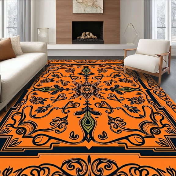ODIKA 4'x6' Machine Washable Non-Slip Area Rug, Paisley Swirled Floral Delicate Embellished High Traffic Rug, Orange, 579493