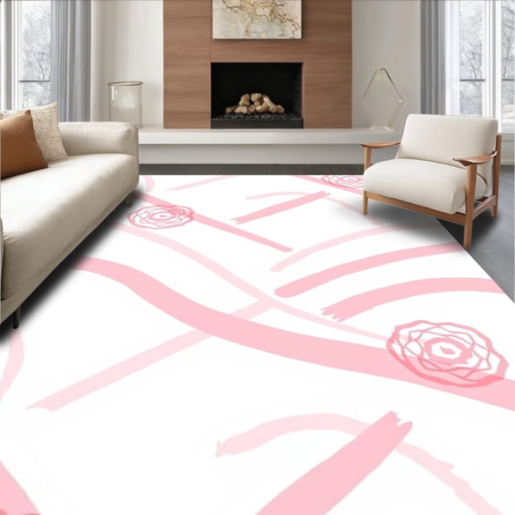 ODIKA 4'x6' Machine Washable Non-Slip Area Rug, Pastel Waves with Delicate Interlocking Motifs High Traffic Rug, Pink, 546964