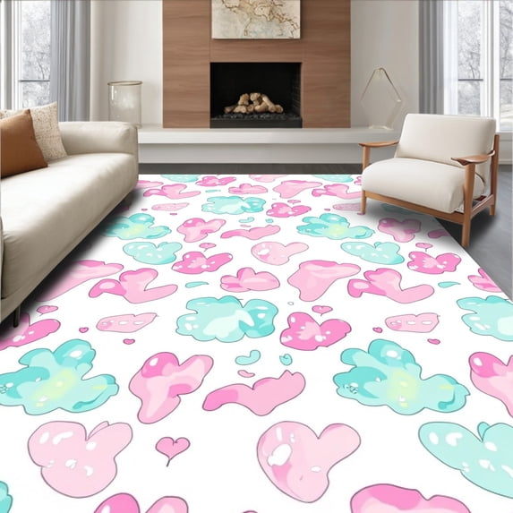 ODIKA 4'x6' Machine Washable Non-Slip Area Rug, Pastel Dreamland Interlocking Hearts with Whimsical Cloud Motifs High Traffic Rug with Pad, Pink, 569453
