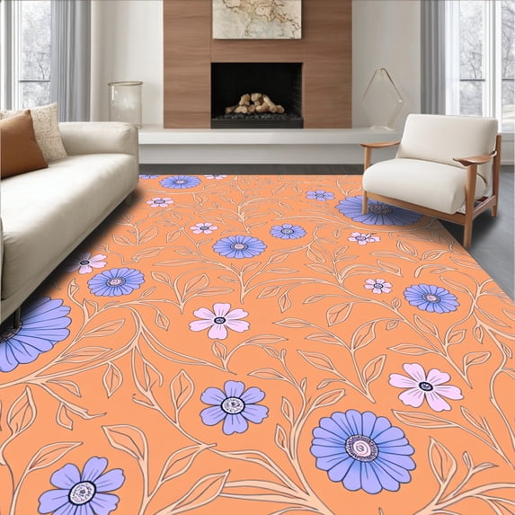 ODIKA 4'x6' Machine Washable Non-Slip Area Rug, Pastel Garden Trellis with Stylized Blossoms and Interlocking Vines High Traffic Rug with Pad, Orange, 447282