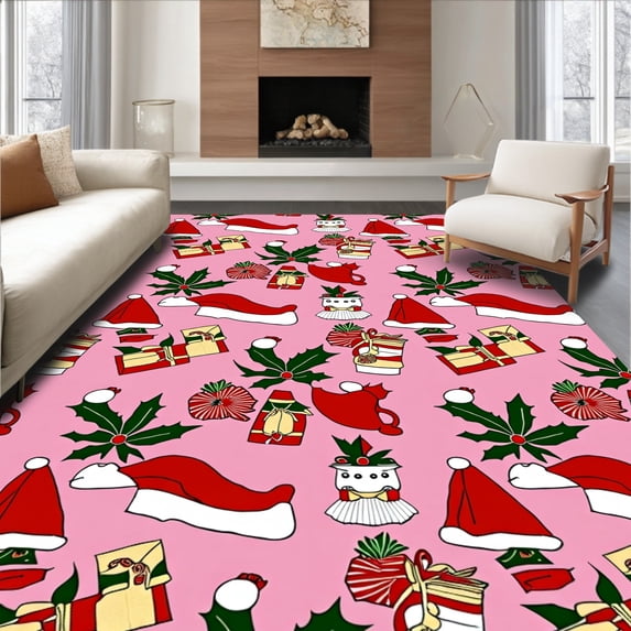 ODIKA 4'x6' Machine Washable Non-Slip Area Rug, Patchwork Holiday Motifs Featuring Santa Hats and Gift Boxes Design High Traffic Rug with Pad, Pink, 628101