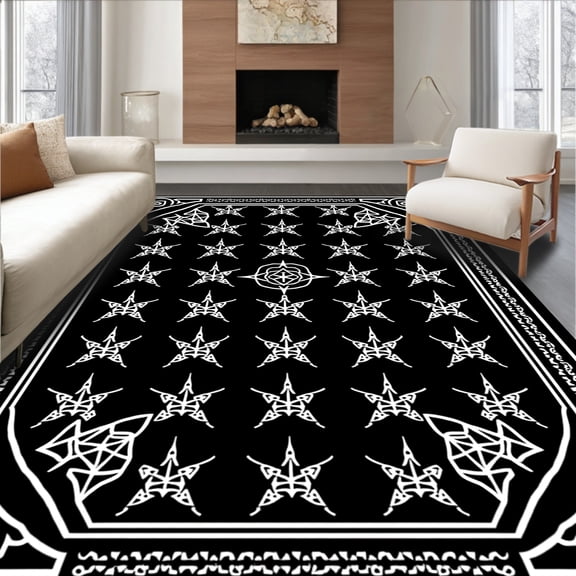 ODIKA 4'x6' Machine Washable Non-Slip Area Rug, Pentagram Holiday Tree Skirt featuring Mystical Symbol Constellation Design High Traffic Rug, Black, 740738