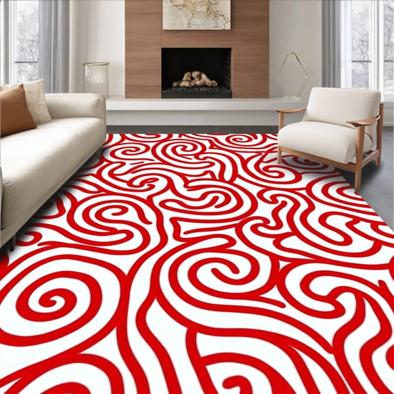 ODIKA 4'x6' Machine Washable Non-Slip Area Rug, Peppermint Swirl Holiday with Festive Striped Design High Traffic Rug, Red, 731729