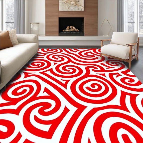 ODIKA 4'x6' Machine Washable Non-Slip Area Rug, Peppermint Whirl Festive Spiral Holiday Swirl Motif High Traffic Rug with Pad, Red, 736799