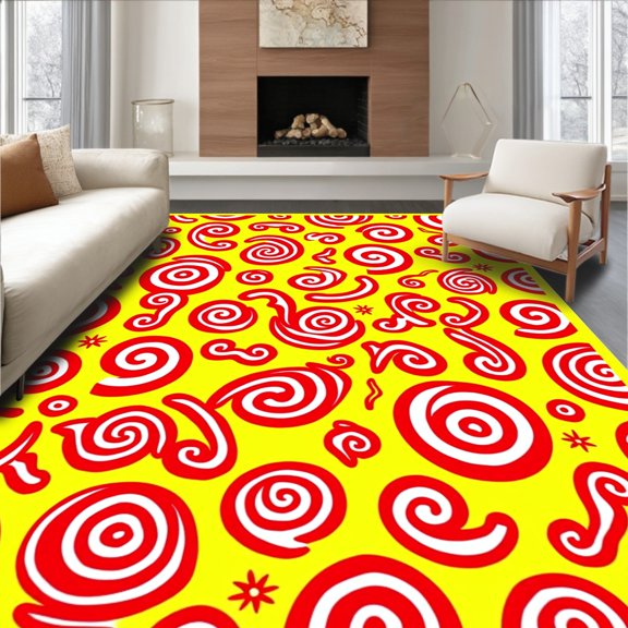 ODIKA 4'x6' Machine Washable Non-Slip Area Rug, Peppermint Whirl Swirl Festive Holiday Spiral Design High Traffic Rug, Yellow, 623466