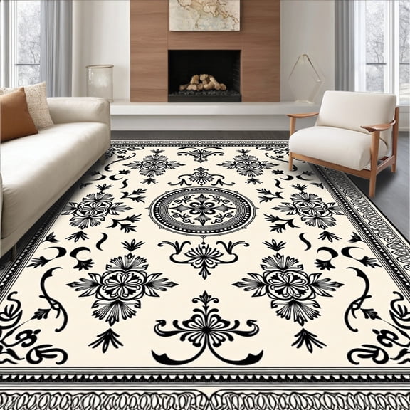 ODIKA 4'x6' Machine Washable Non-Slip Area Rug, Vintage Mosaic Design with Interlocking and Floral High Traffic Rug, Beige, 665276