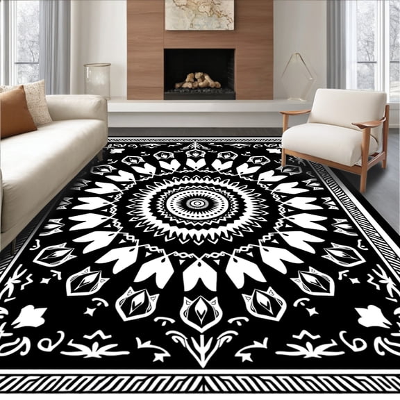 ODIKA 4'x6' Machine Washable Non-Slip Area Rug, Starburst with Geometry Accents High Traffic Rug, Black, 451987