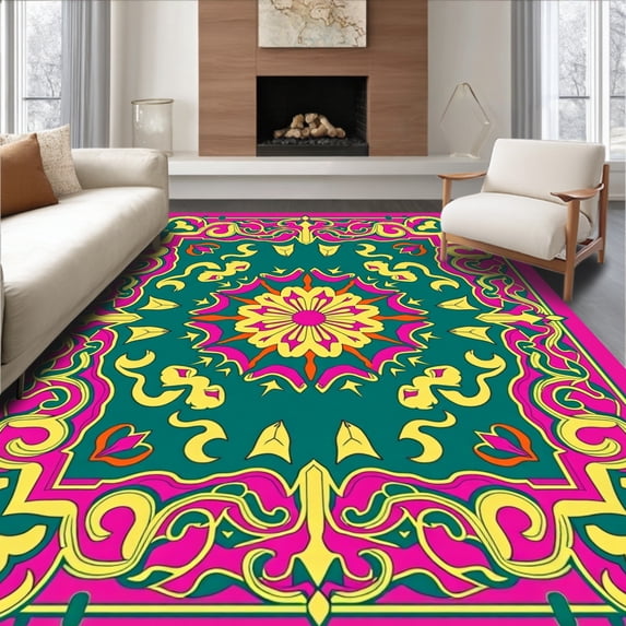 ODIKA 4'x6' Machine Washable Non-Slip Area Rug, Sunburst Medallion with Abstract Botanical Flourishes High Traffic Rug, Pink, 490785