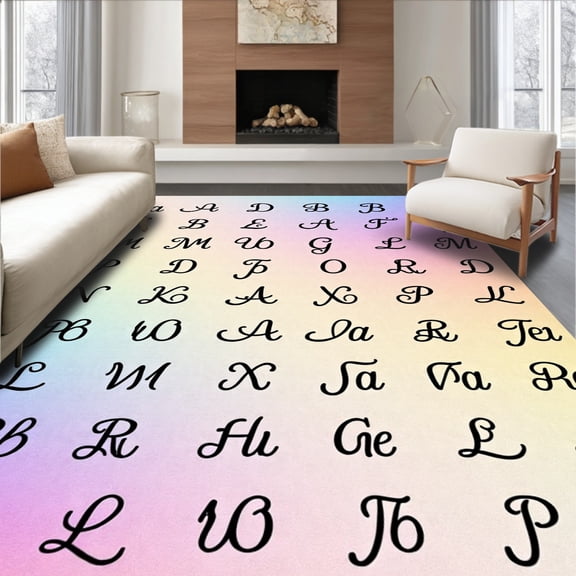 ODIKA 4'x6' Machine Washable Non-Slip Area Rug, Phonics Discovery Floor Cover with ABC Study Graphics High Traffic Rug, Black, 693555