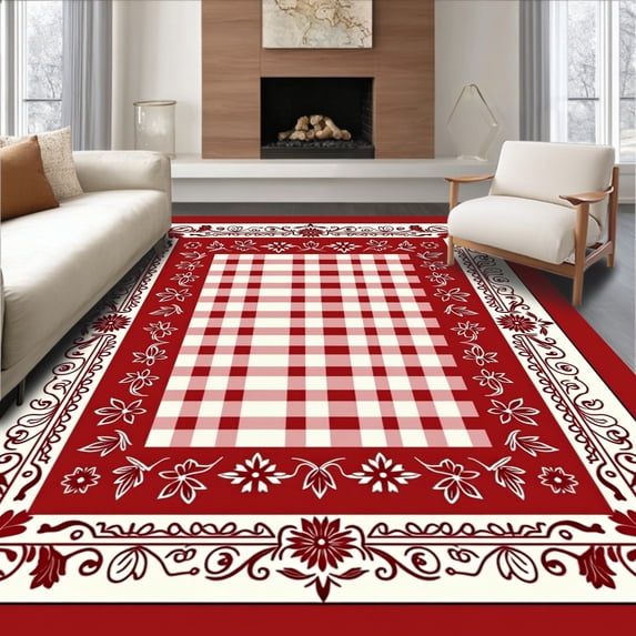 ODIKA 4'x6' Machine Washable Non-Slip Area Rug, Picnic Style Checkered Enhanced with Poinsettia Floral Borders High Traffic Rug with Pad, Red, 616992