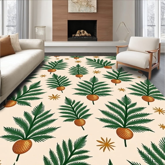 ODIKA 4'x6' Machine Washable Non-Slip Area Rug, Pine Branch Print Yuletide Bathroom Accessories Evergreen Style High Traffic Rug with Pad, Green, 638548