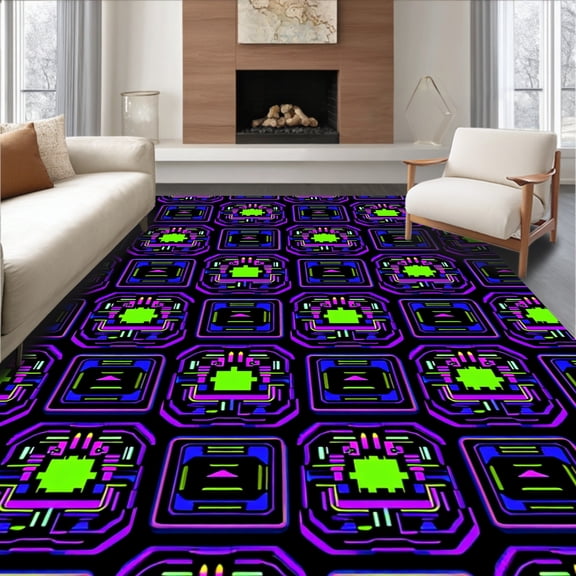 ODIKA 4'x6' Machine Washable Non-Slip Area Rug, Pixel Arcade Enthusiast Shag High Traffic Rug, Black, 682884