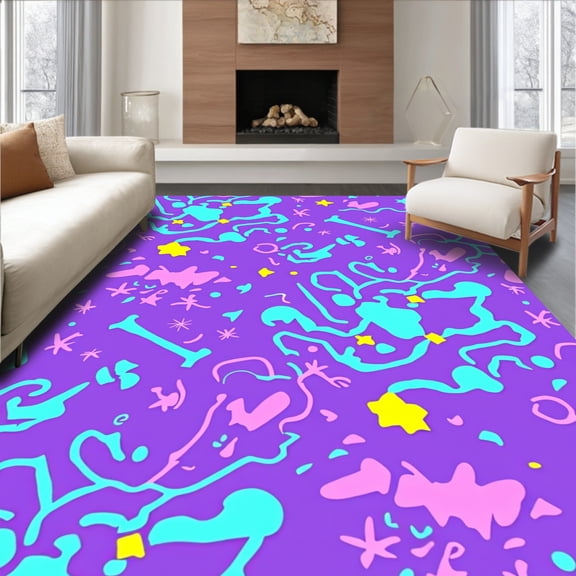 ODIKA 4'x6' Machine Washable Non-Slip Area Rug, Pixel Dreamscape Featuring Chromatic Burst and Energy Swirl High Traffic Rug, Purple, 464530
