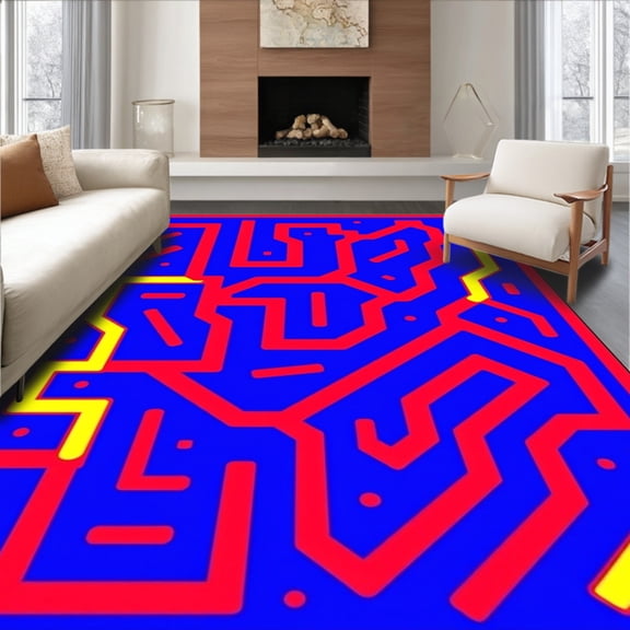 ODIKA 4'x6' Machine Washable Non-Slip Area Rug, Pixel Maze Anime Inspired Interlocking Art High Traffic Rug, Blue, 699950
