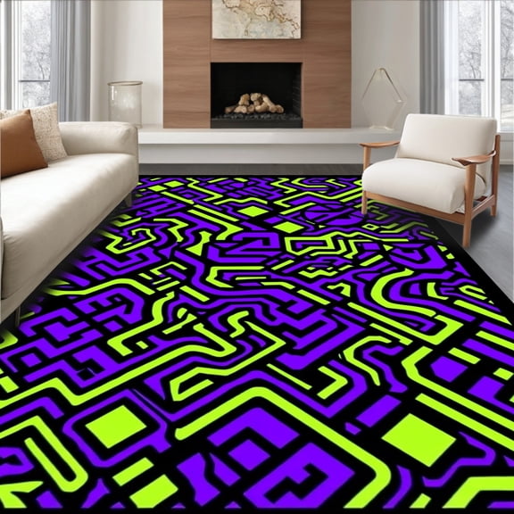 ODIKA 4'x6' Machine Washable Non-Slip Area Rug, Pixelated Arcade Adventure with Vibrant Purple and Lime Green Highlights High Traffic Rug, Green, 699957