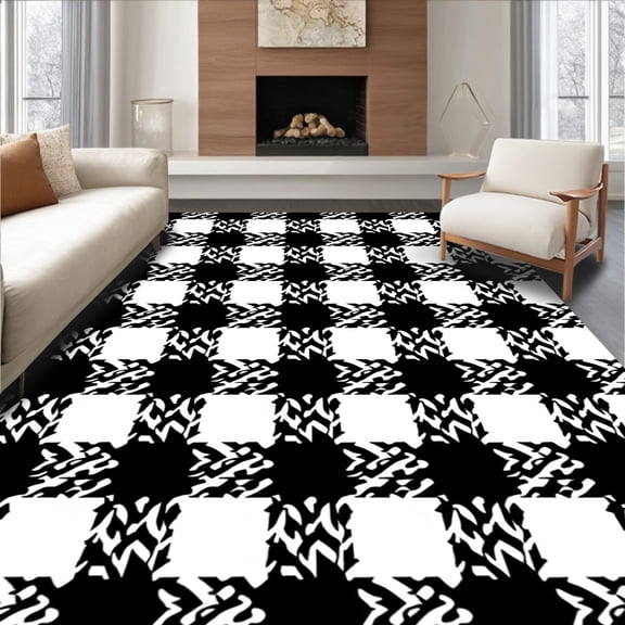 ODIKA 4'x6' Machine Washable Non-Slip Area Rug, Plaid Crosshatch Entrance with Rustic Stripe Motif High Traffic Rug, Black, 547904