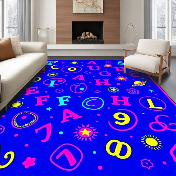 ODIKA 4'x6' Machine Washable Non-Slip Area Rug, Planet Parade Learning Letters with Trails and Meteor Doodles High Traffic Rug, Blue, 699775
