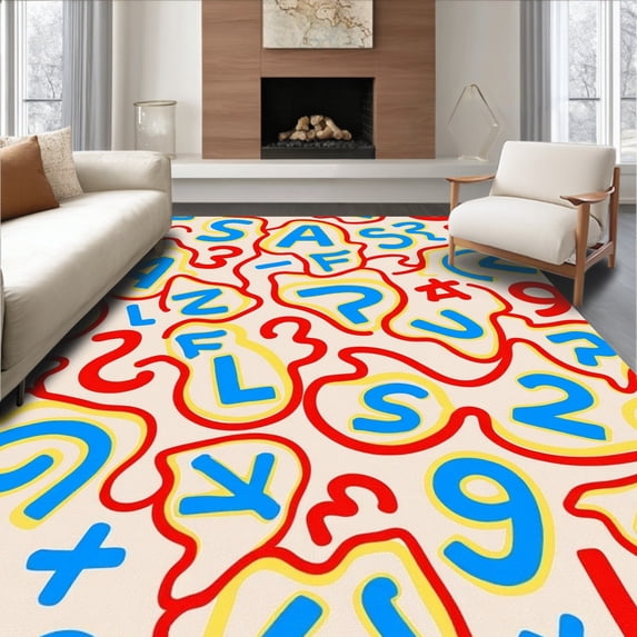 ODIKA 4'x6' Machine Washable Non-Slip Area Rug, Playful Alphabet Spiral Featuring Vibrant Letters Numbers Shapes High Traffic Rug with Pad, Beige, 690139