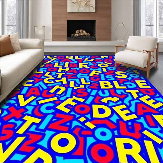 ODIKA 4'x6' Machine Washable Non-Slip Area Rug, Playful Alphabet and Number Mosaic with Dynamic Shapes Symbols High Traffic Rug, Blue, 686623
